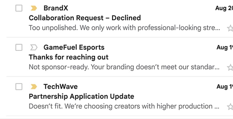 An inbox of declined sponsorship replies citing unpolished branding